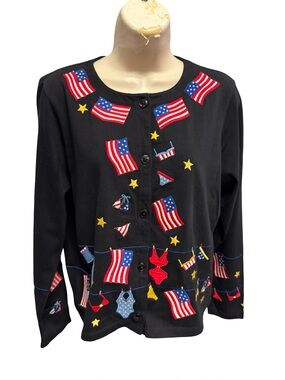 Michael Simon Vintage 4th of July American Flag Embroidered Cardigan Sz Small